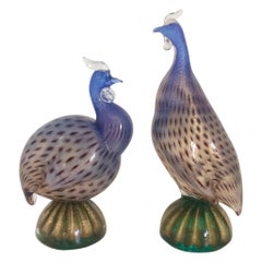 Archimede Seguso Paire de pintades femelles et mâles Dot Dot Dot en verre de Murano opalescent