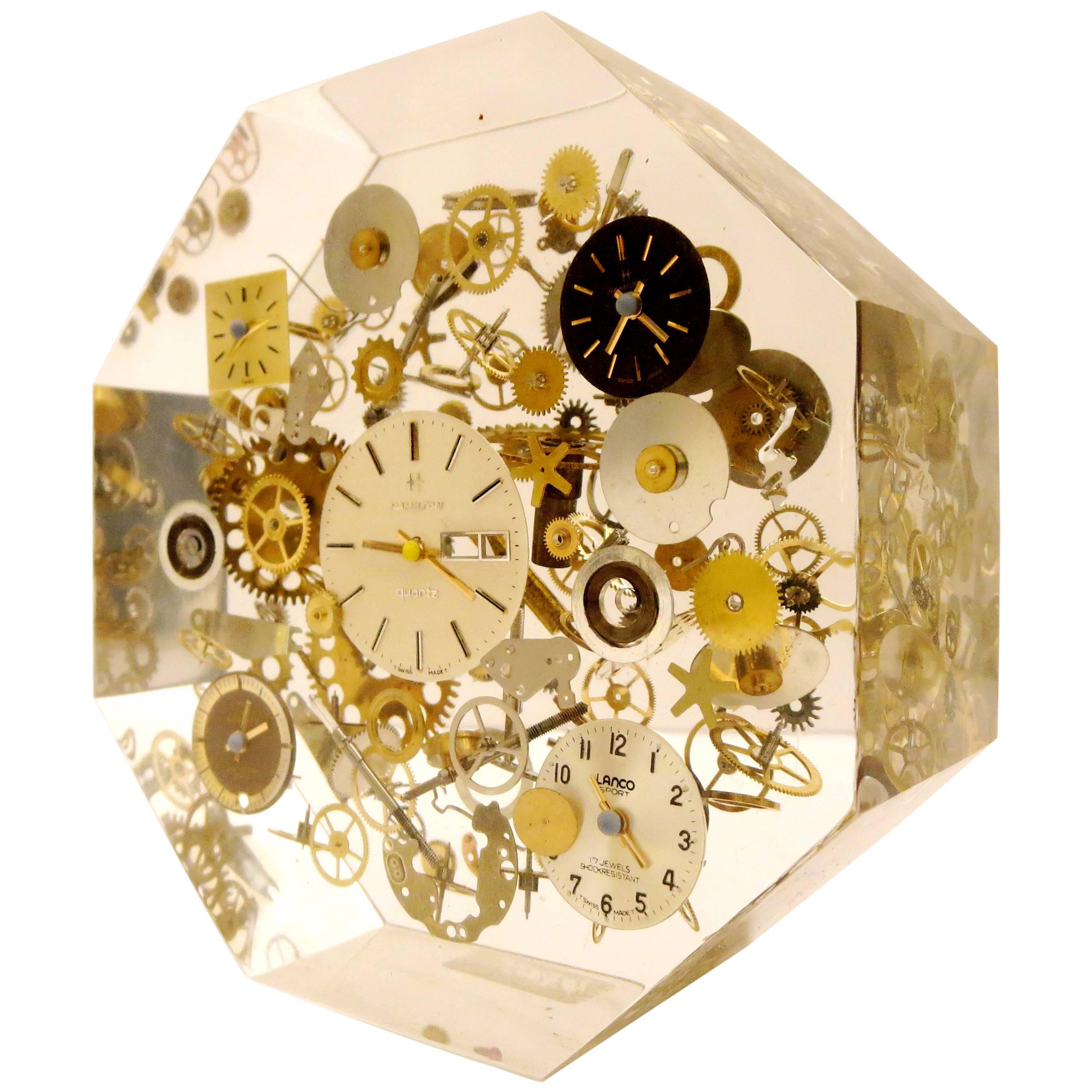 Rare Pop Art Lucite Sculpture Clock Parts and Ends Octagon Boxed
