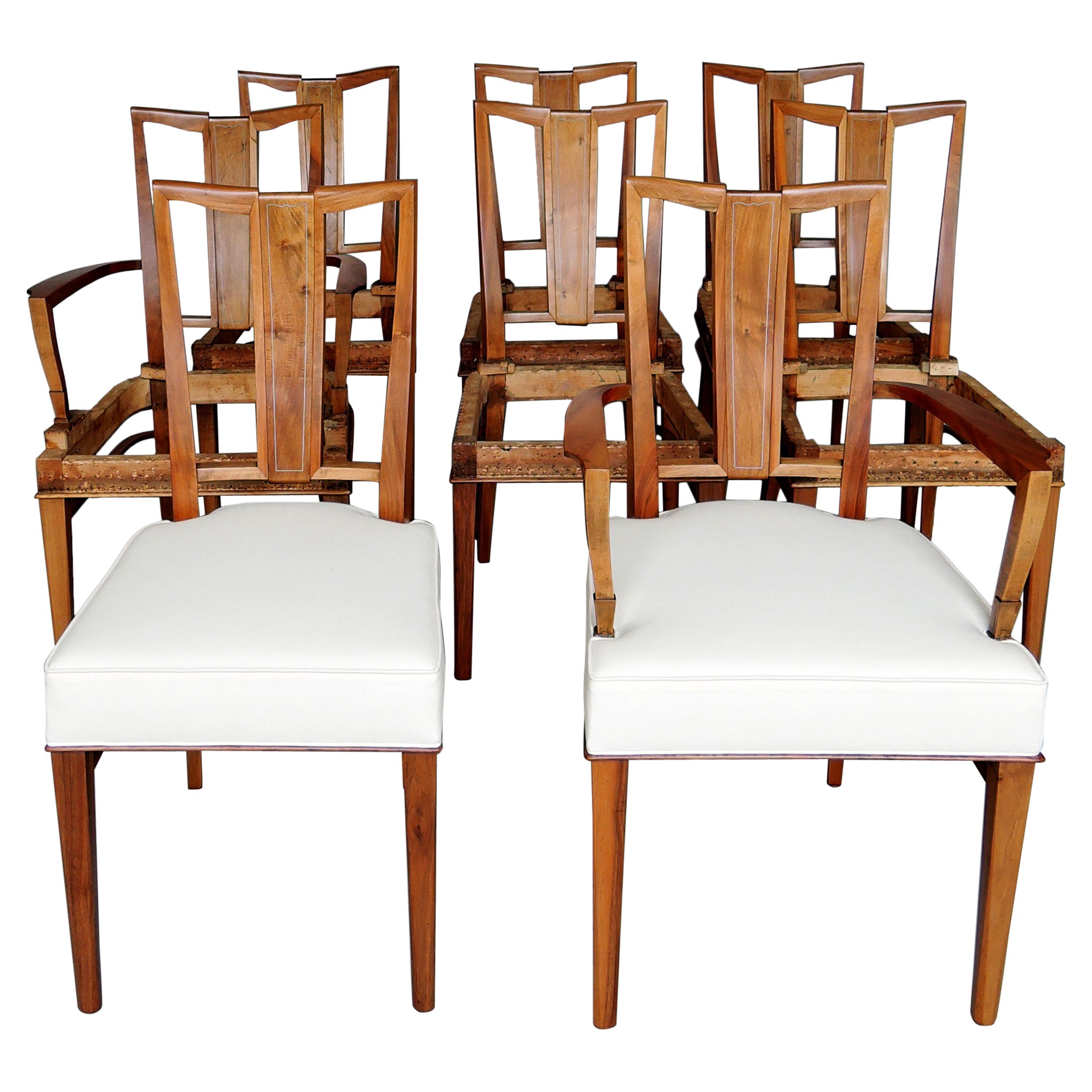 8 Stühle aus Nussbaumholz von Dominique im französischen Art Déco-Stil (6 Seiten- und 2 Armlehnenstühle)
