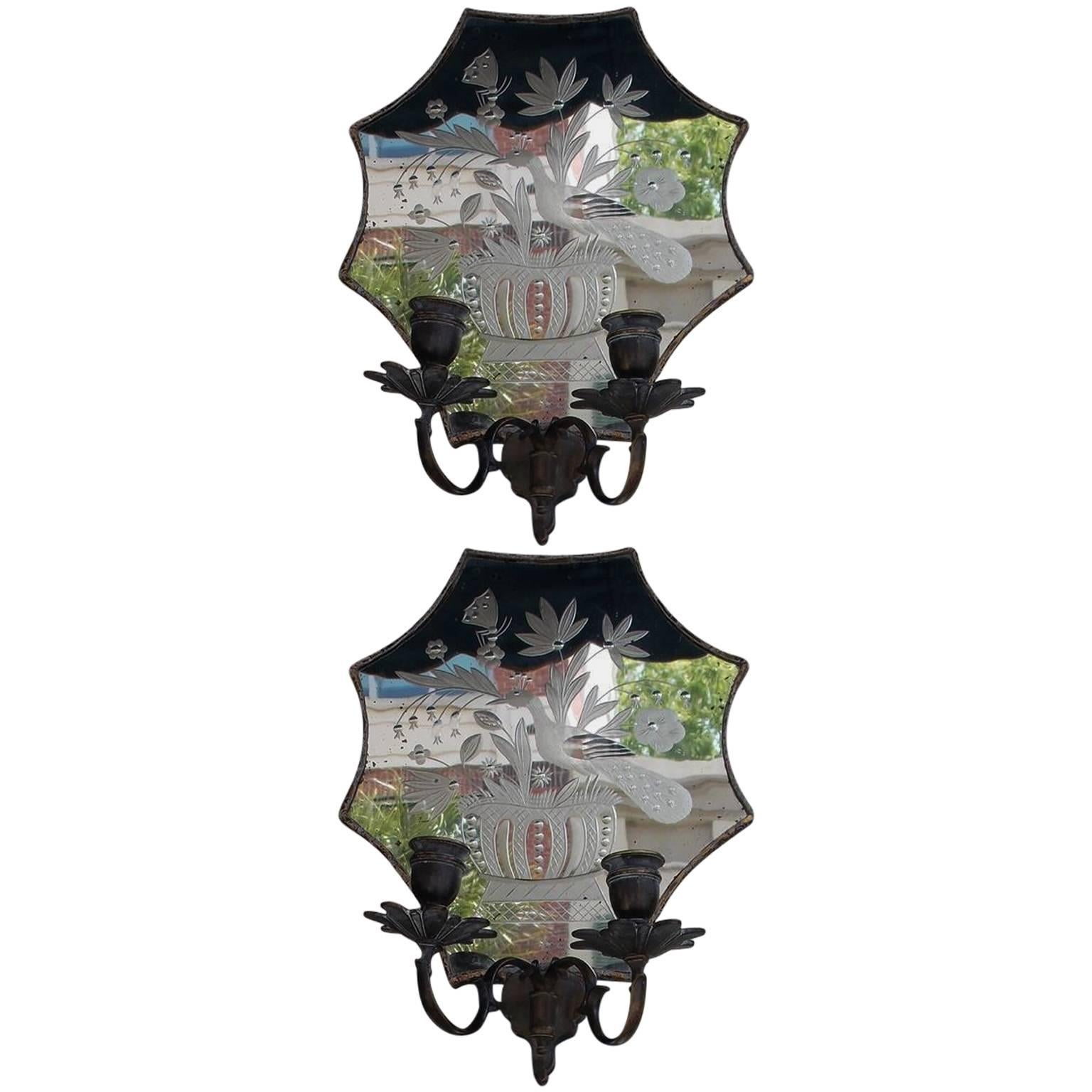 Pair of Venetian Bronze & Decorative Etched Mirrored Wall Sconces, Circa 1800