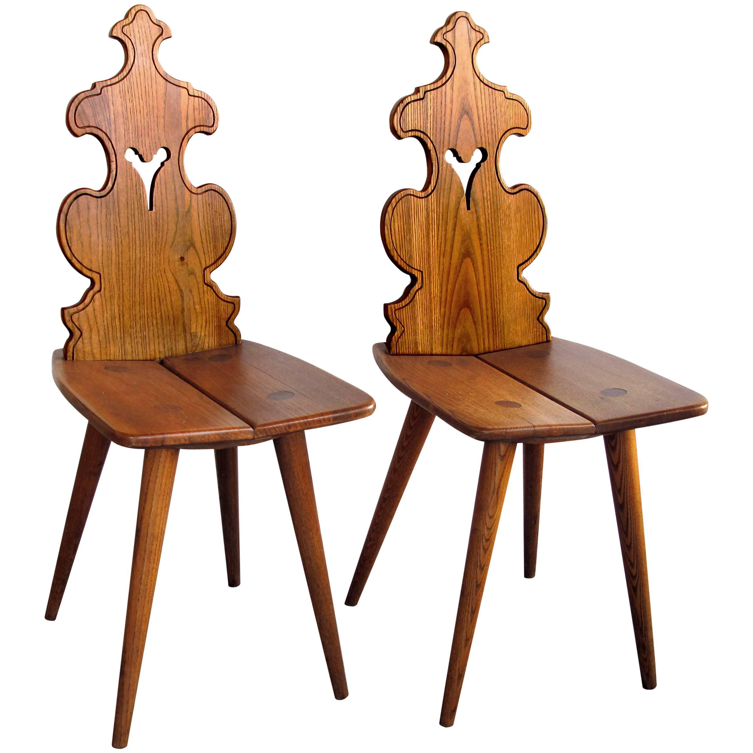 Charming and Rustic Pair of Tyrolean Waxed Oak Alpine Mountain Chairs