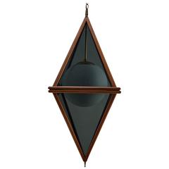 Diamond-Shaped Teak and Smoked Acrylic Danish Modern Pendant Lamp, 1960s