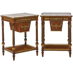 Pair French Ormolu-Mounted Mahogany Ambonya Parquetry Marble Top Side Tables