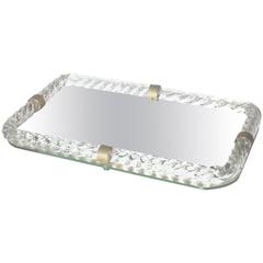 Vintage Ribbed Glass and Brass Mirrored Tray, circa 1940