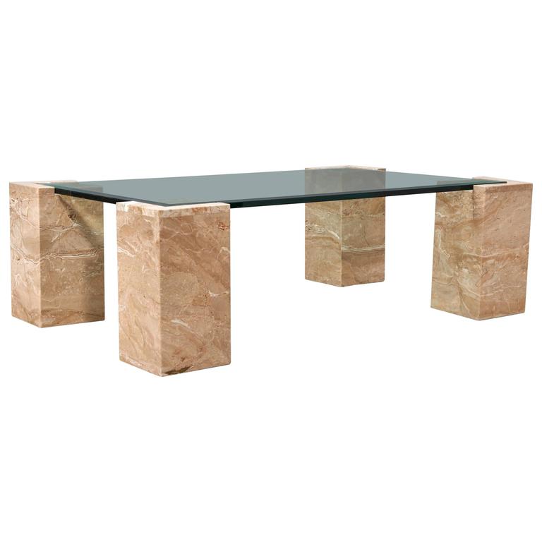 Minimalist Italian Pink Travertine and Glass Coffee Table, 1970s For