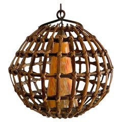 Vintage Boho Cage Rattan and Blown Glass Cone Chandelier