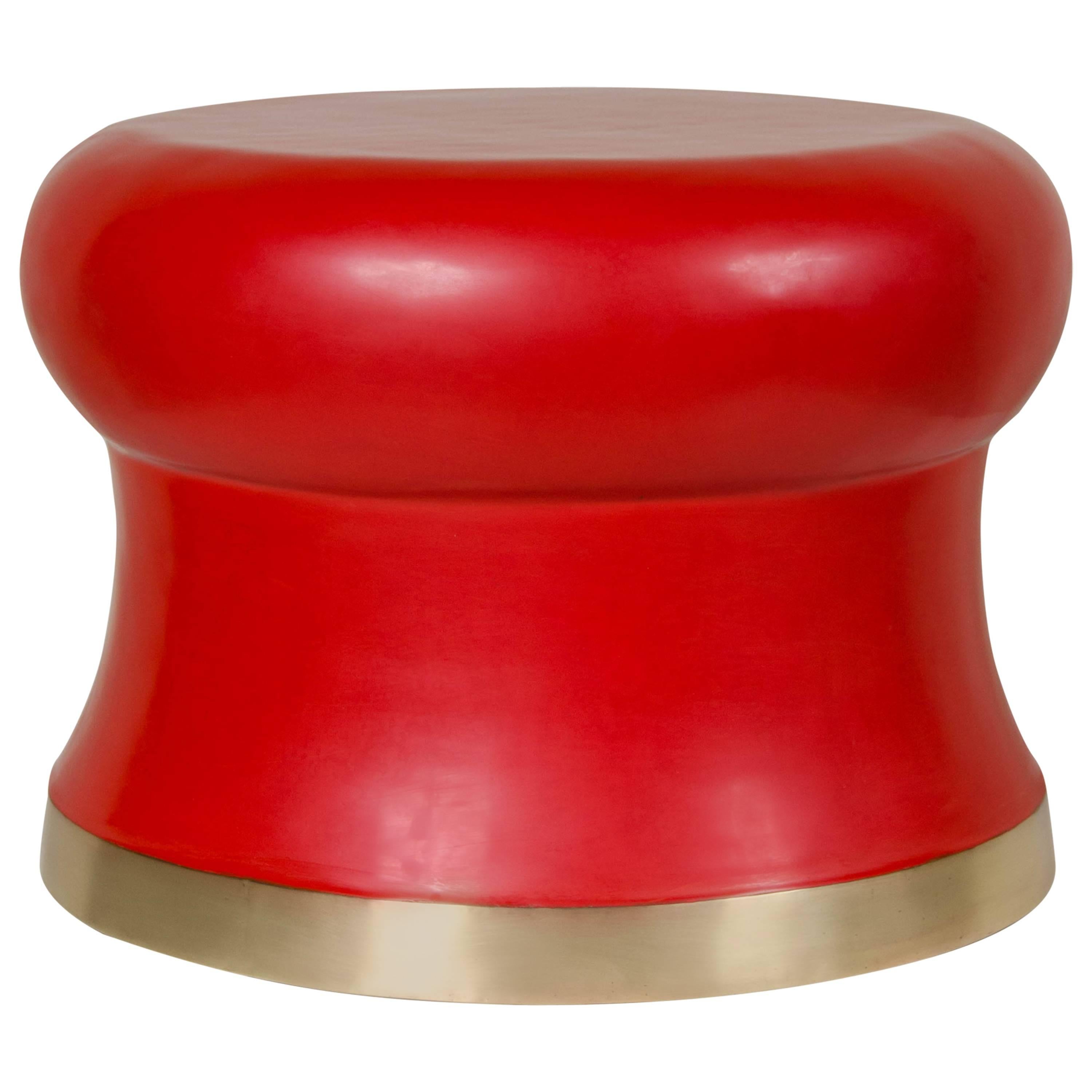 Dian Drum Stool with Brass Trim, Red Lacquer, Limited Edition
