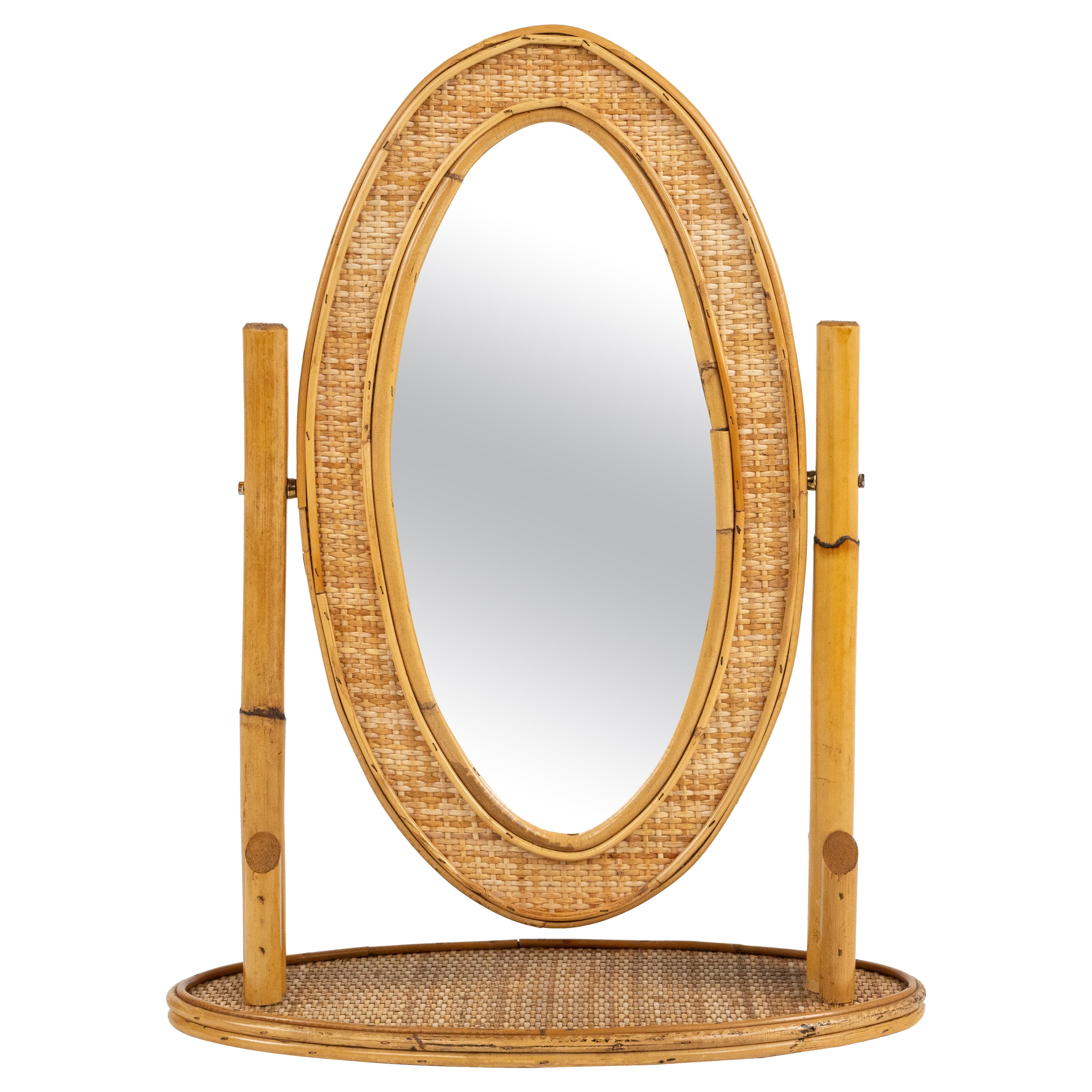 Midcentury Oval Table Vanity Mirror in Bamboo, Rattan and Wicker, Italy 1970s For Sale