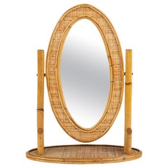 Miroir de courtoisie ovale en bambou, rotin et osier, Italie, années 1970