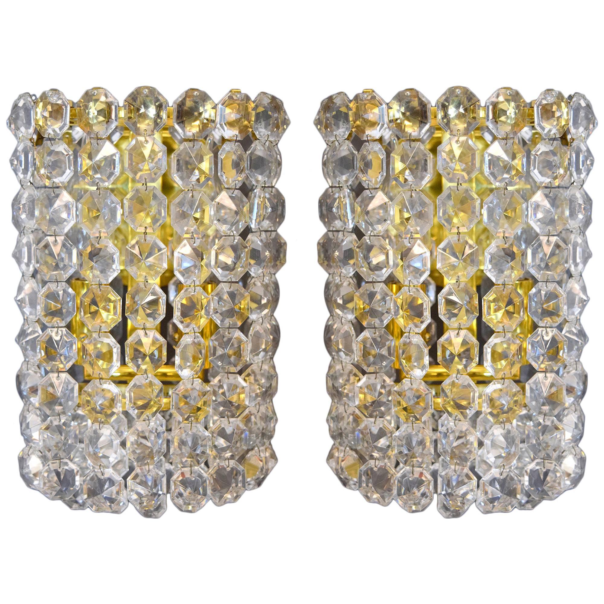 Pair of Austrian Brass and Crystal Wall Sconces
