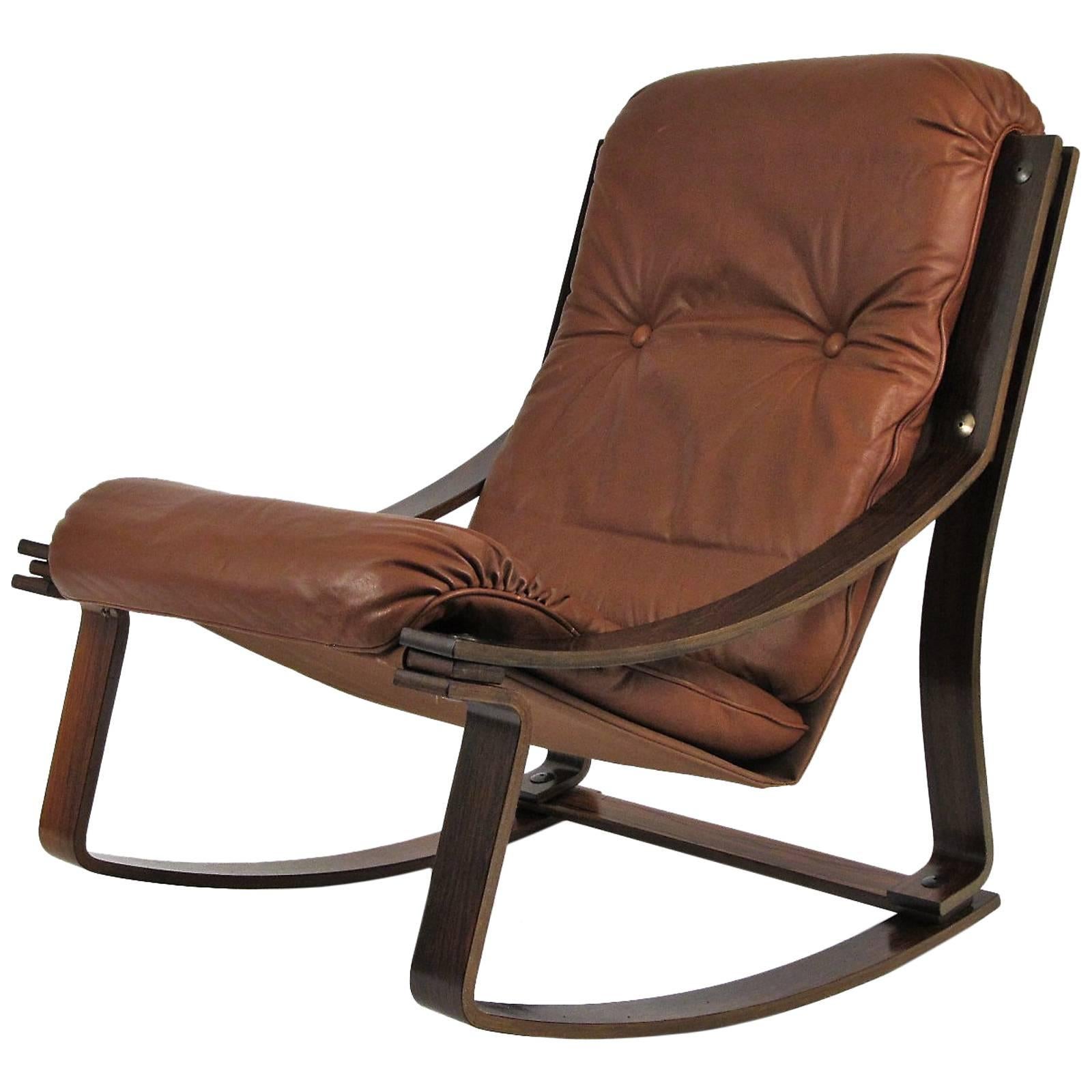 Rosewood and Leather Westnofa Norwegian Rocking Chair  