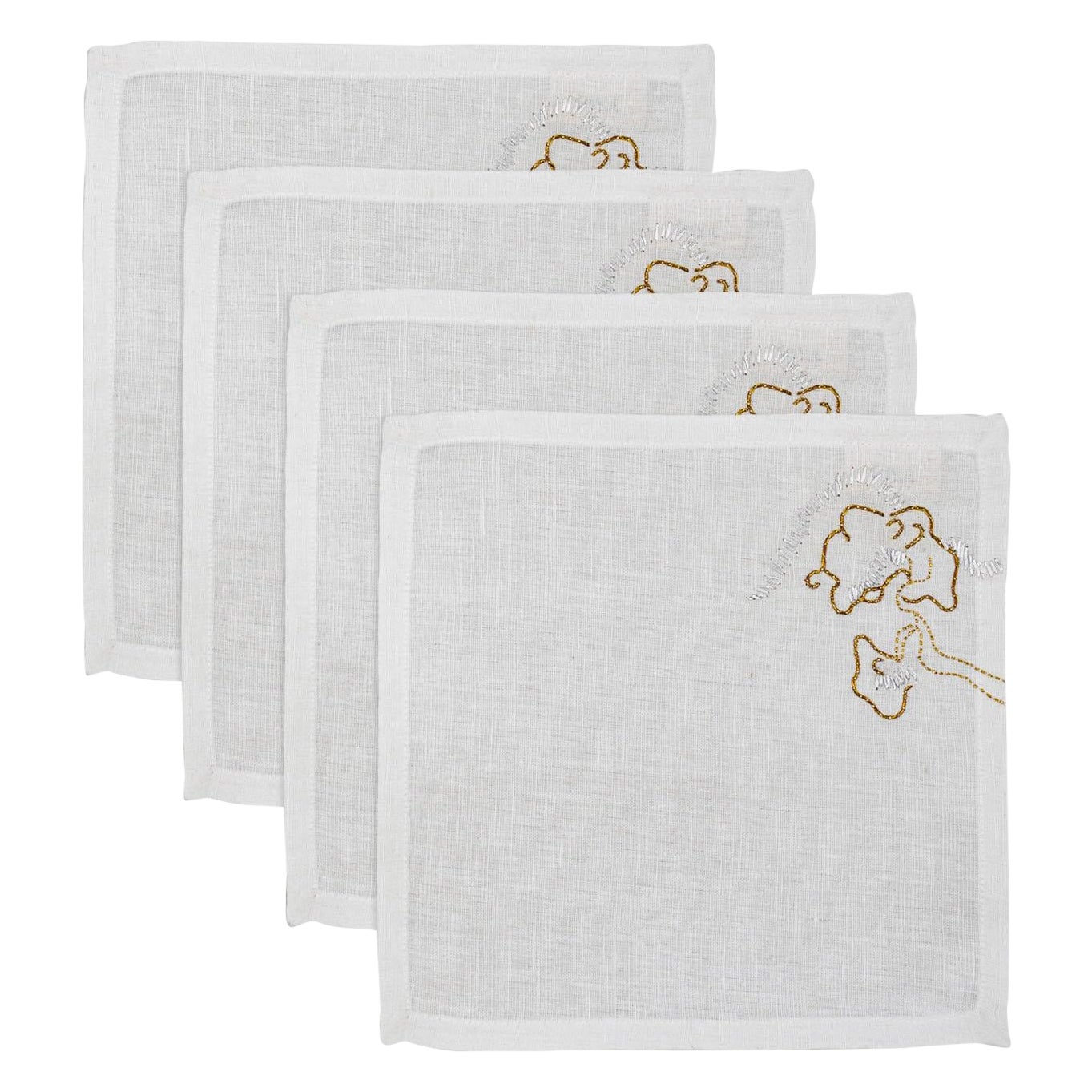 Blackbuck Dreams Handbestickte Weiß & Gold Cocktailservietten 4er Set