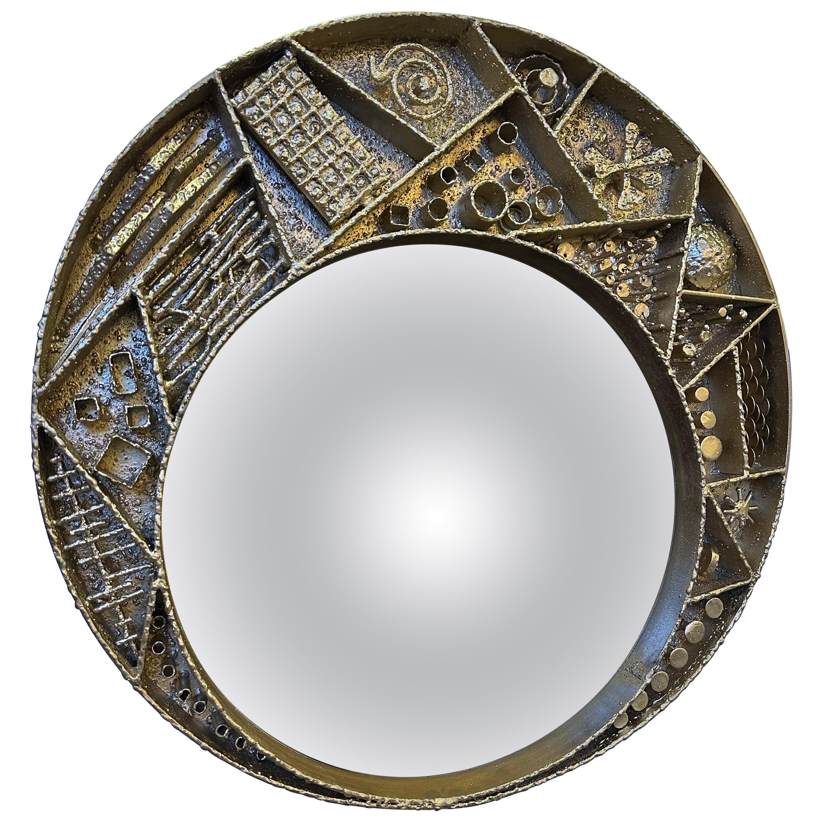 Brutalist Artisan Crafted Metalwork Framed Mirror Paul Evans Style For Sale
