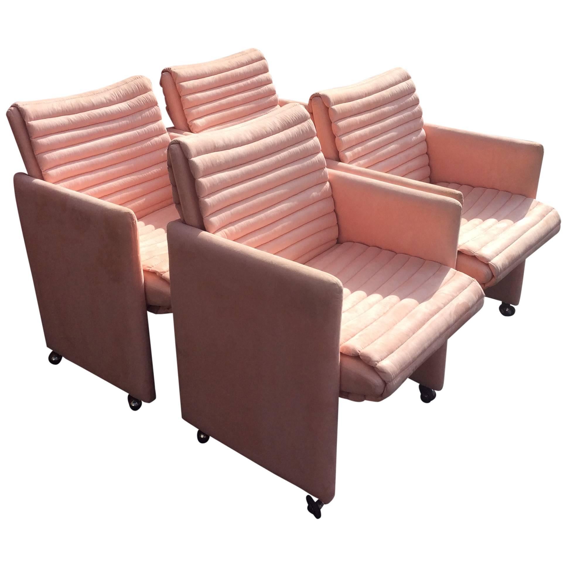 Milo Baughman Arm Chairs by Preview Vintage Set of Four Lounge Castors Pink