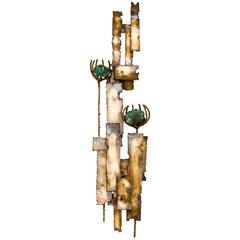 Brutalist Brass and Turquoise Stone Flower Wall Sculpture