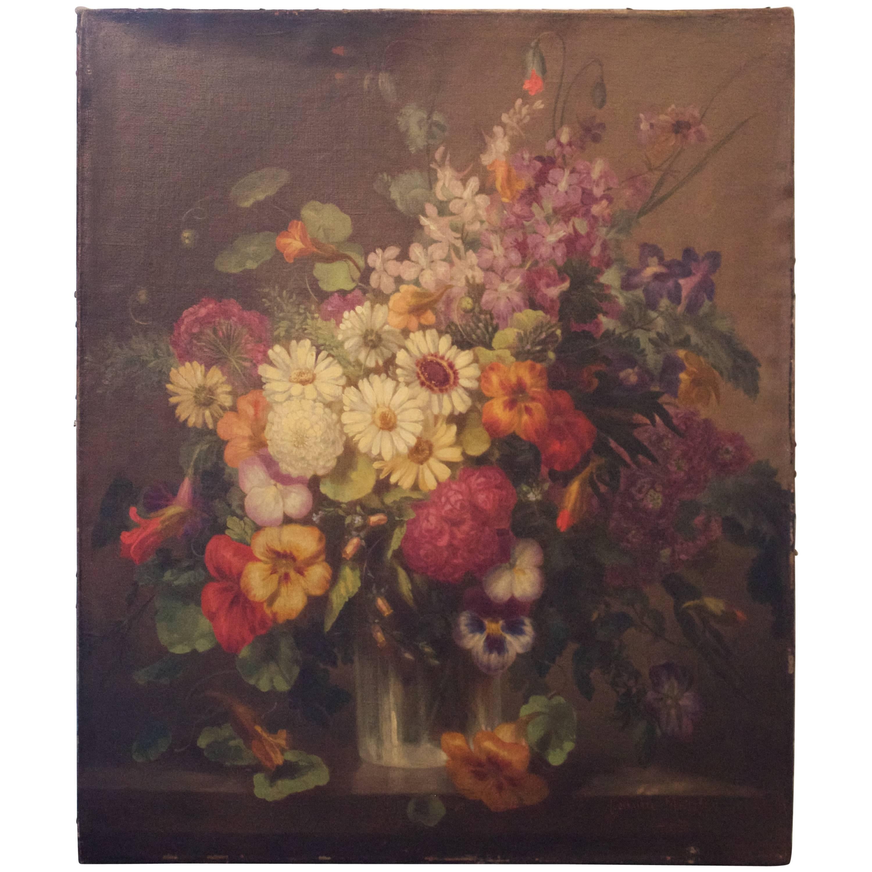 19th Century French Floral Still Life Oil Signed