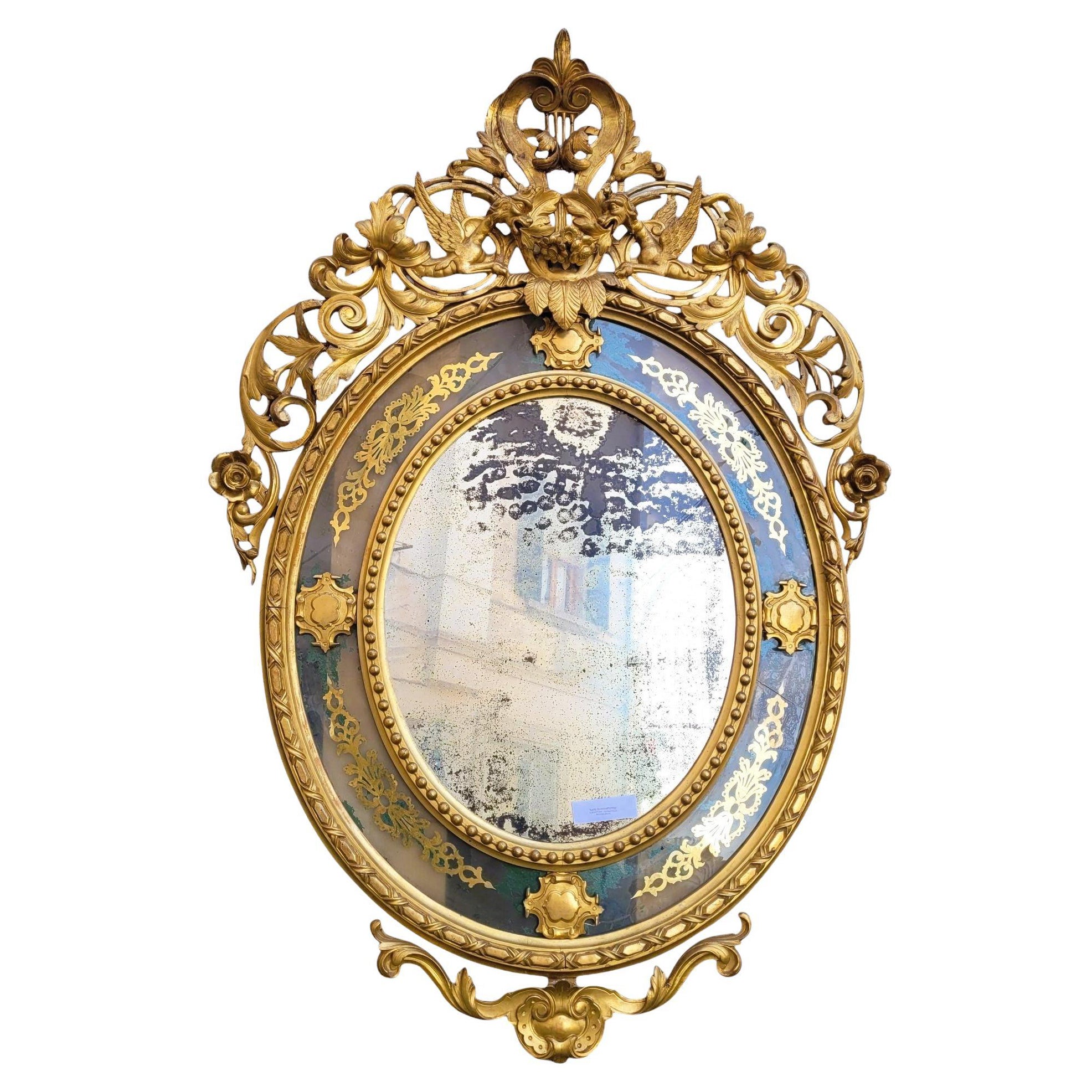Large Oval Mirror In Gilded Wood, Napoleon III, 19th Century