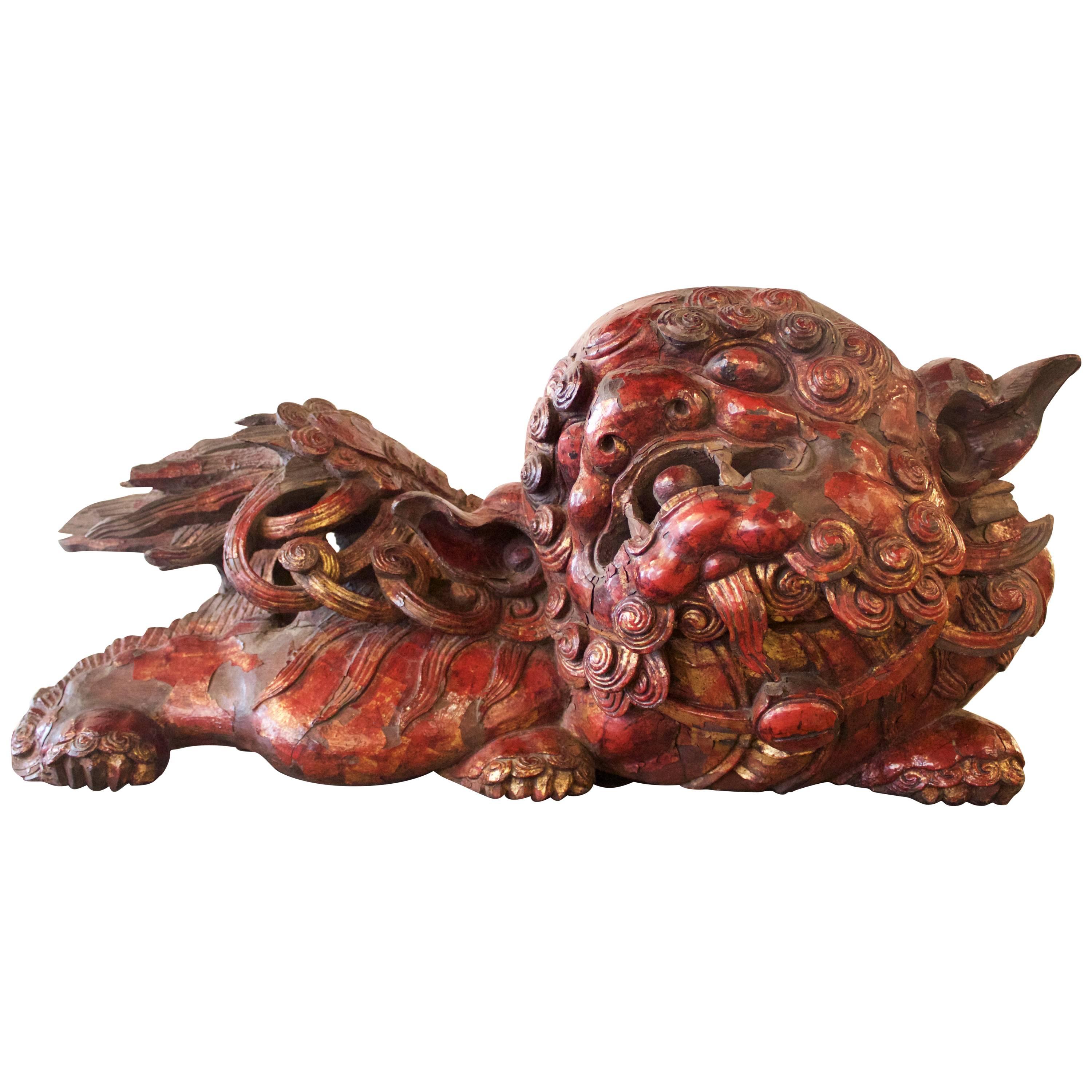 Carved Chinese "Foo" Lion Temple Guardian For Sale