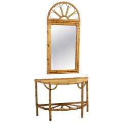 Vintage Bamboo Rattan Demi-Lune Console Table and Large Mirror Italy 1970s