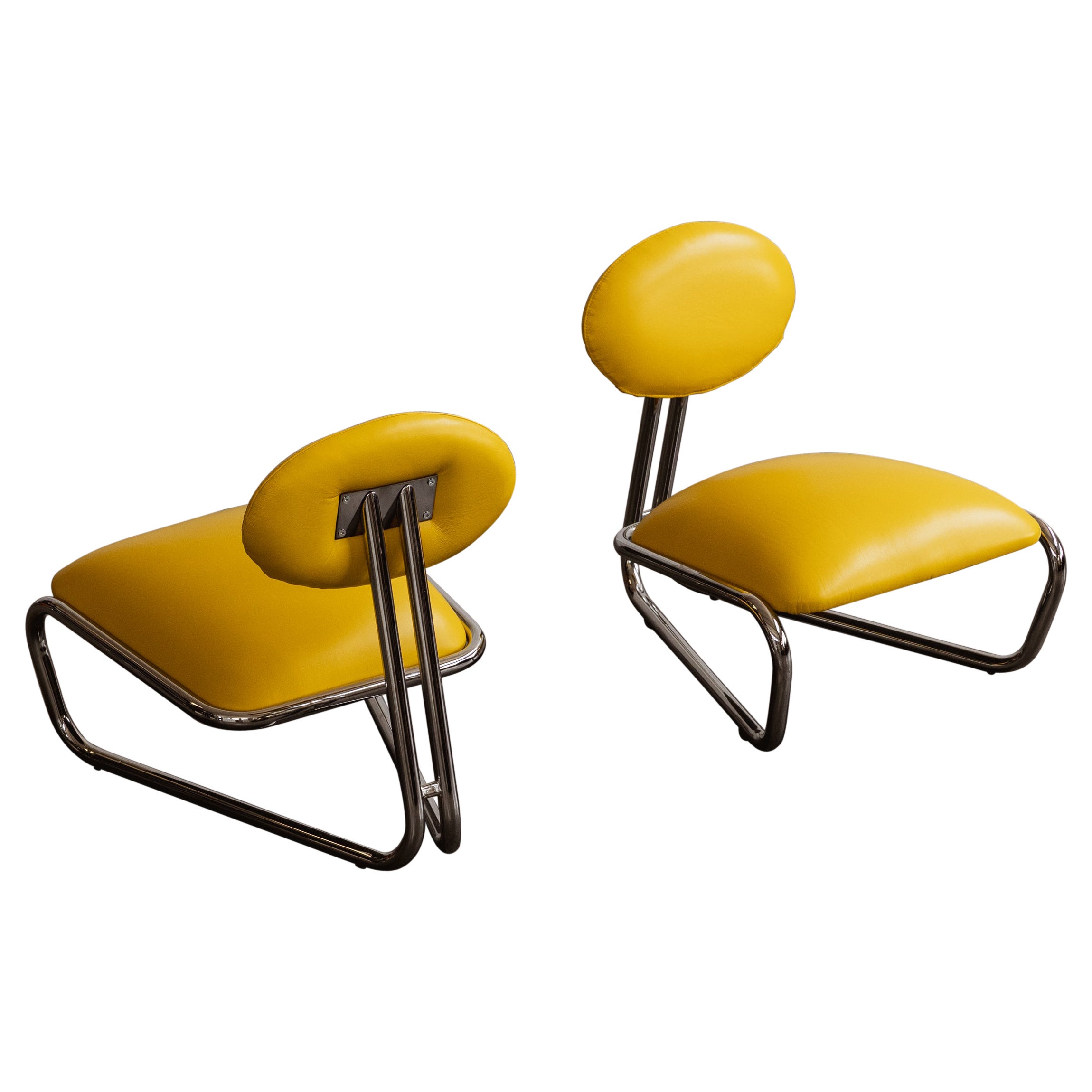 Chaises longues modernistes en acier tubulaire chromé, cuir jaune, 1970, ensemble de 2