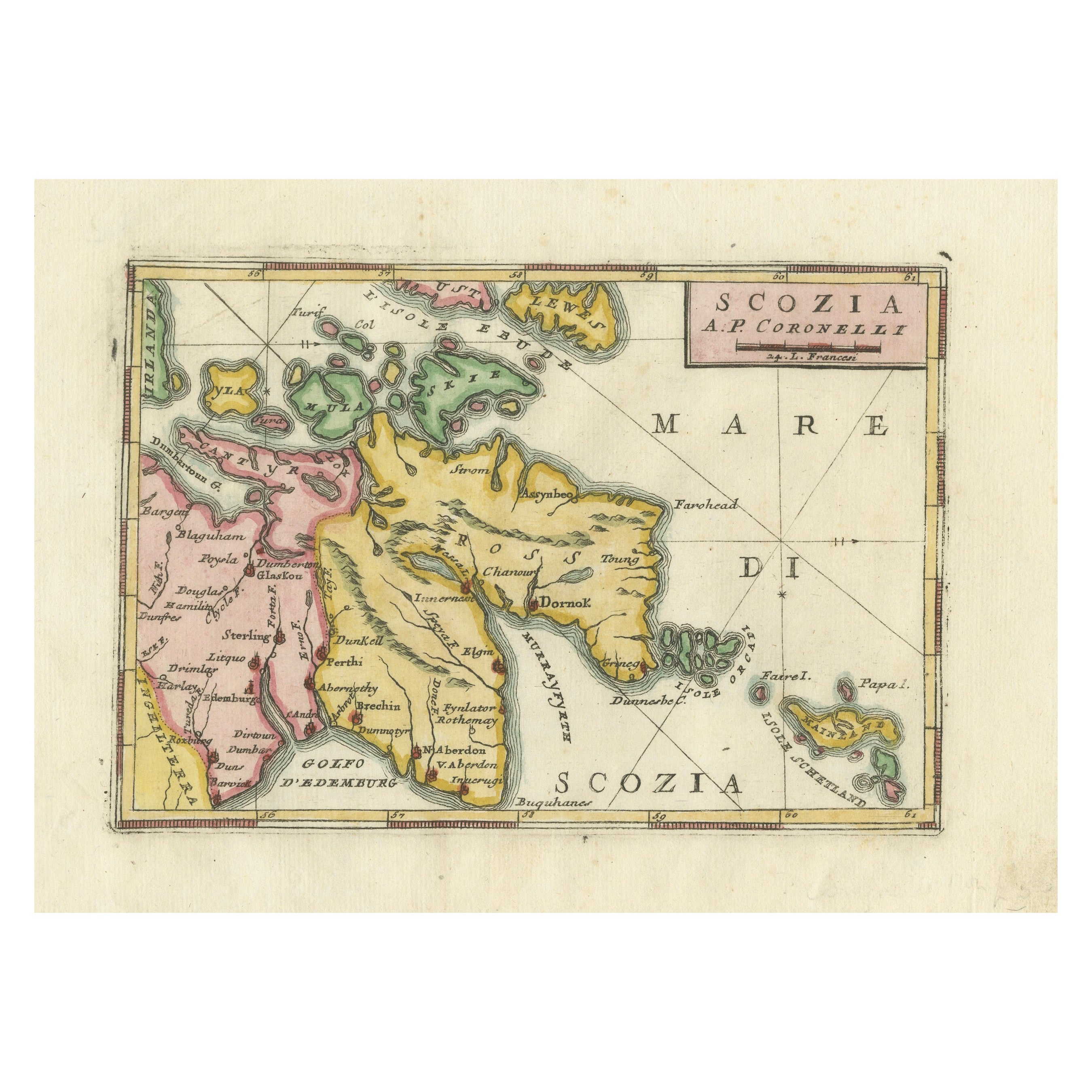 Scozia - Antike Karte von Schottland von Coronelli, um 1690