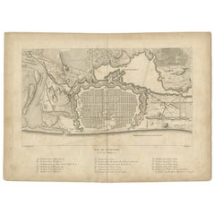 Antique Plan of Pondicherry Fortifications and Attacks, France, c.1750