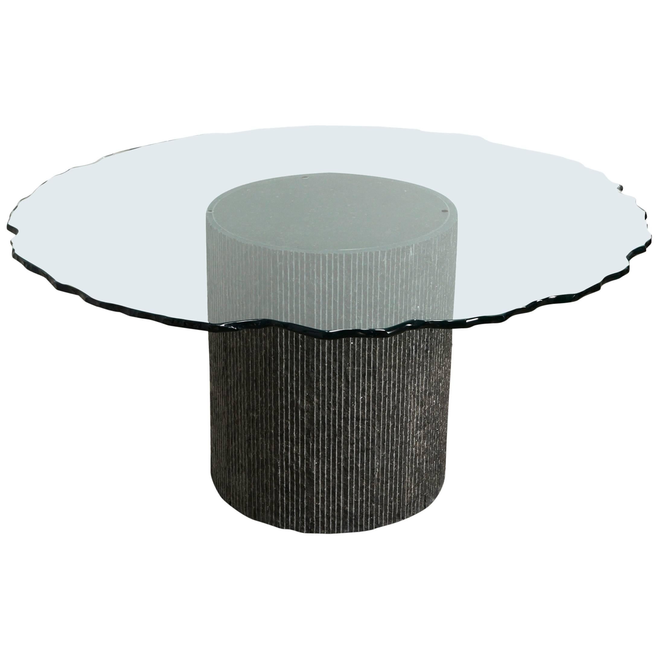 Round Dining Table with Chipped Glass Top and Cylindrical Granite Base, 1980s