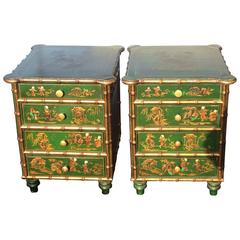Pair Chinese Chippendale Chinoiserie End Tables Nighstands Faux Bamboo Oriental