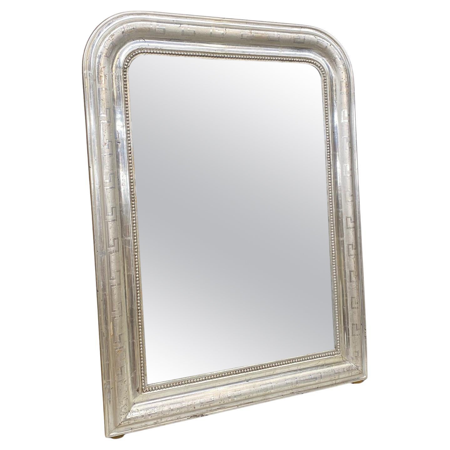 Specchio francese del XIX secolo in argento Louis Philippe con motivo a chiave greca