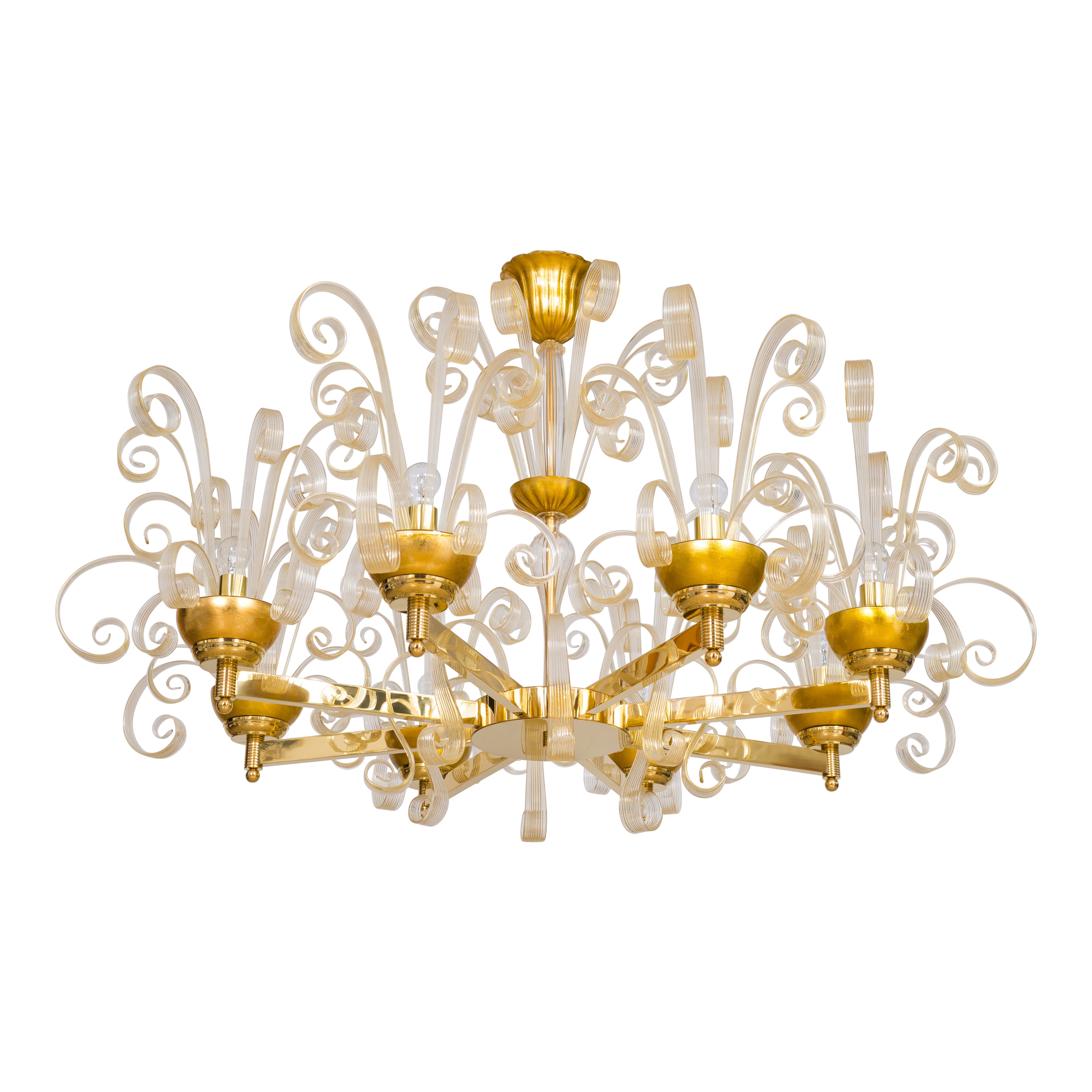 Lampadario in vetro di Murano dorato con pastorali d'oro di Giovanni Dalla Fina, anni '70