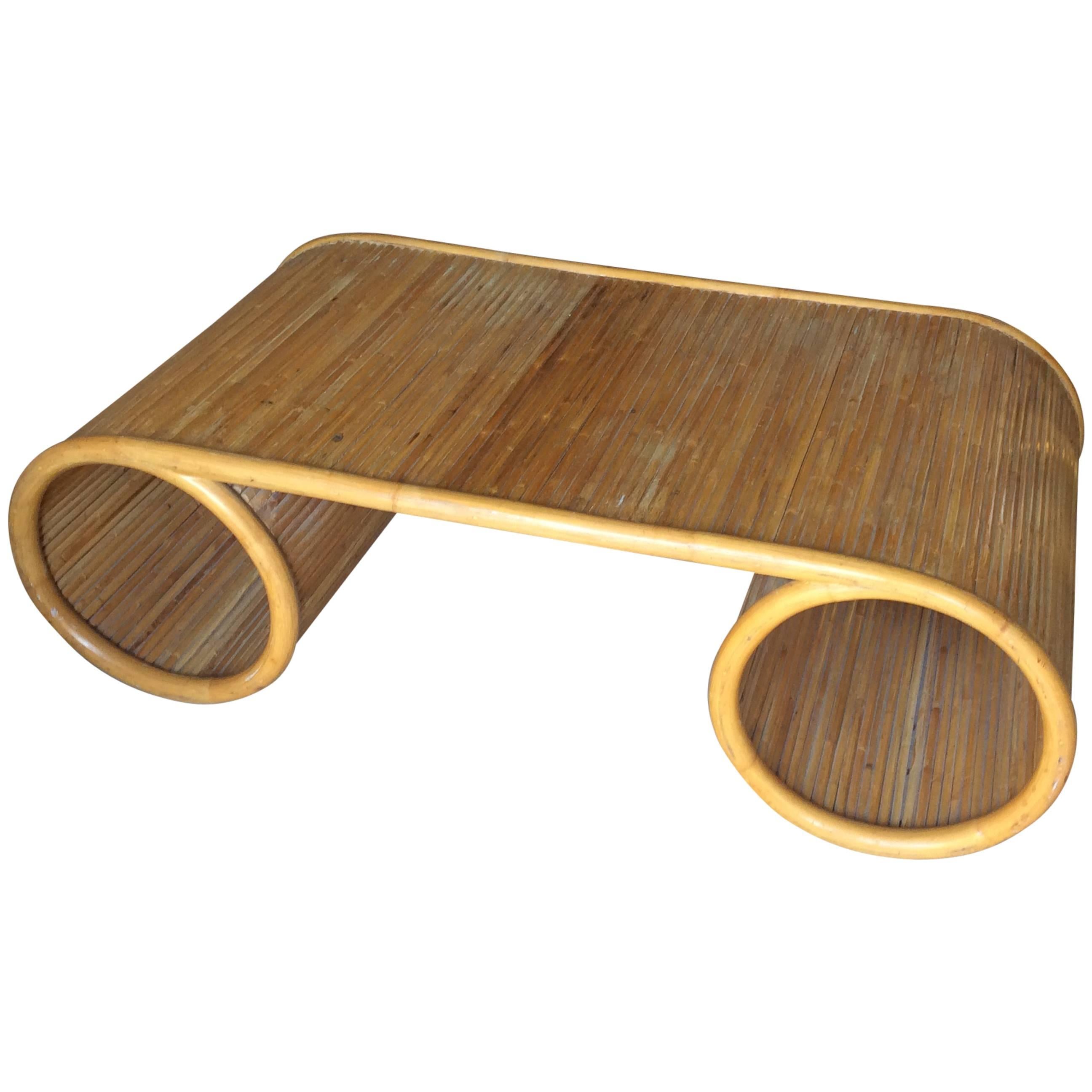 Pencil Reed Rattan Bamboo Vintage Scroll Coffee Cocktail Table Palm