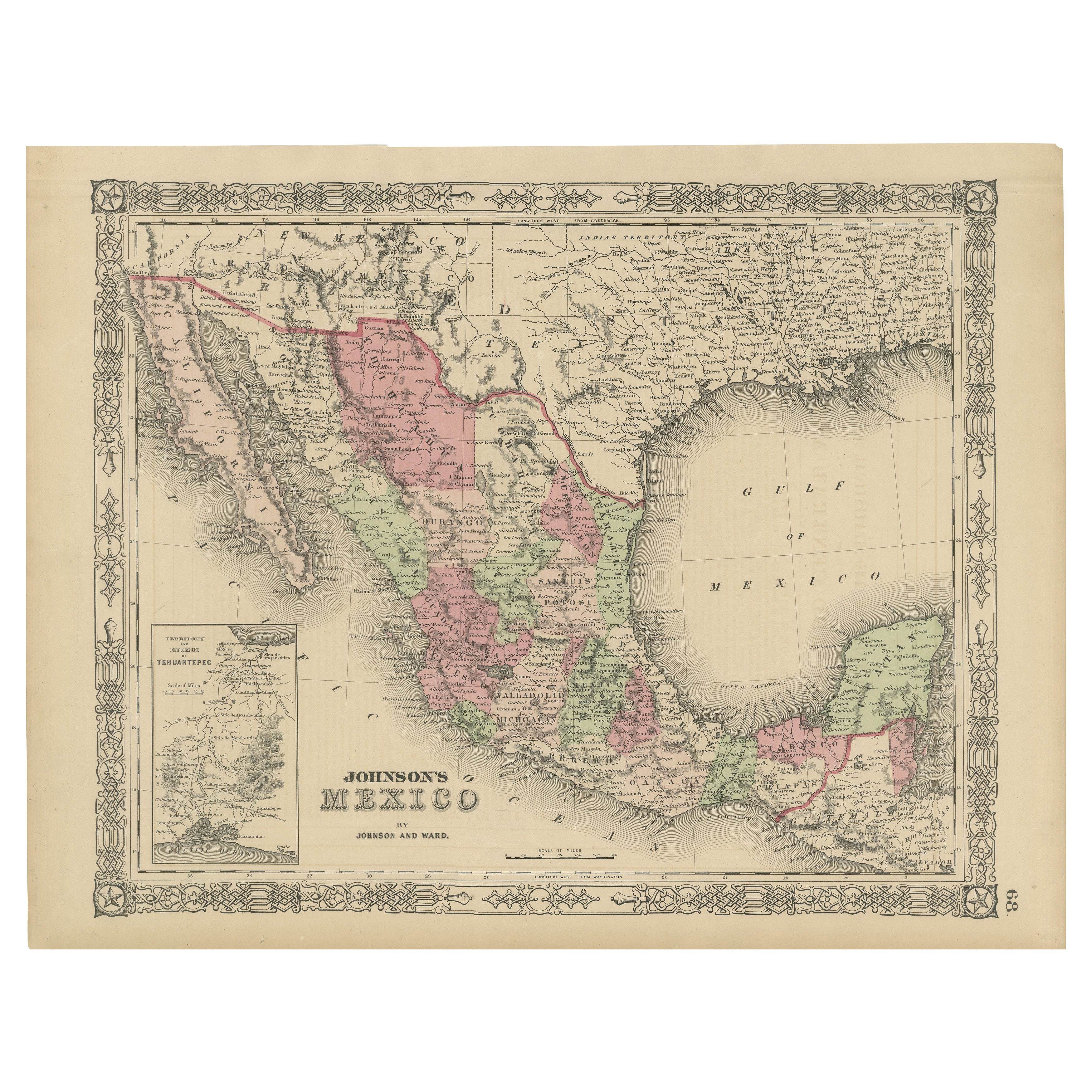 Carte du Mexique de Johnson avec encart sur Tehuantepec, A.I.C. c.1864 - coloriée à la main