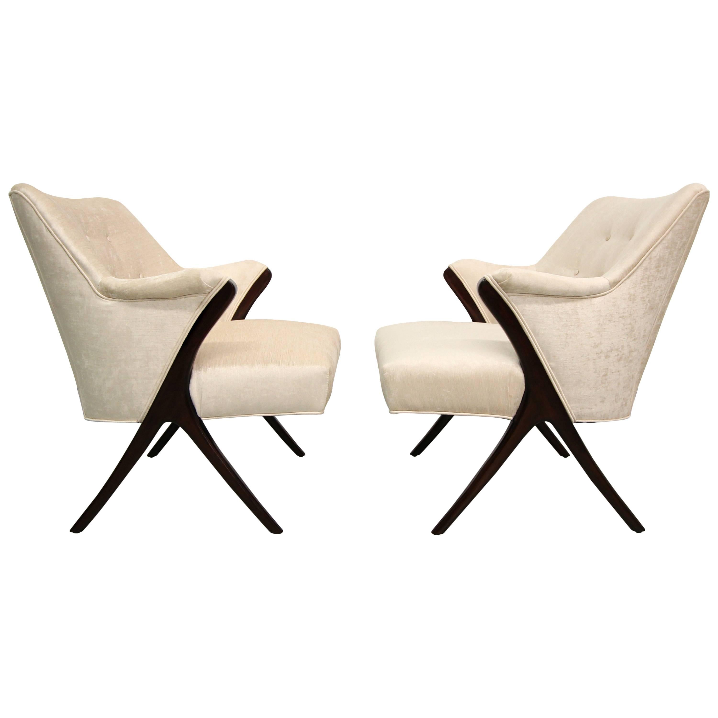 Exquisite Pair of Mid-Century Scissor Lounge Chairs in the Style of Karpen