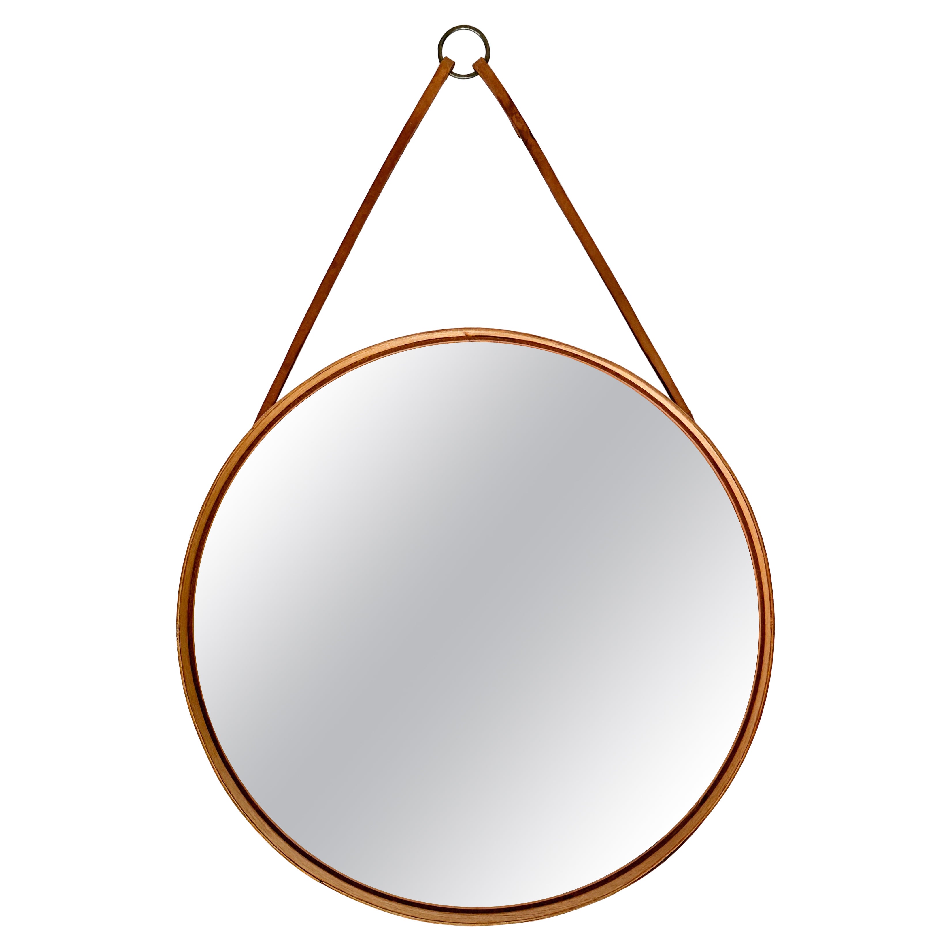 Small Swedish Mirror Oak Glasmäster Markaryd Nils Troëd 1960s Leather Strap For Sale