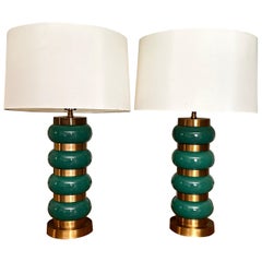 ‘Luck Be a Lady’ Green Glass Lamp Pair in the Manner of Paul Hanson