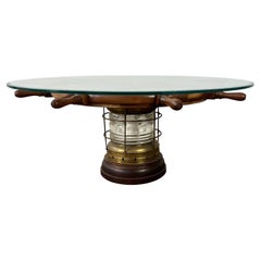 Ship Wheel Glass Top Coffee Table with Brass  Lantern Pedestal Base