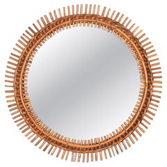 Franco Albini French Riviera Round Mirror in Bamboo, Rattan, Wicker, Italy 1960s