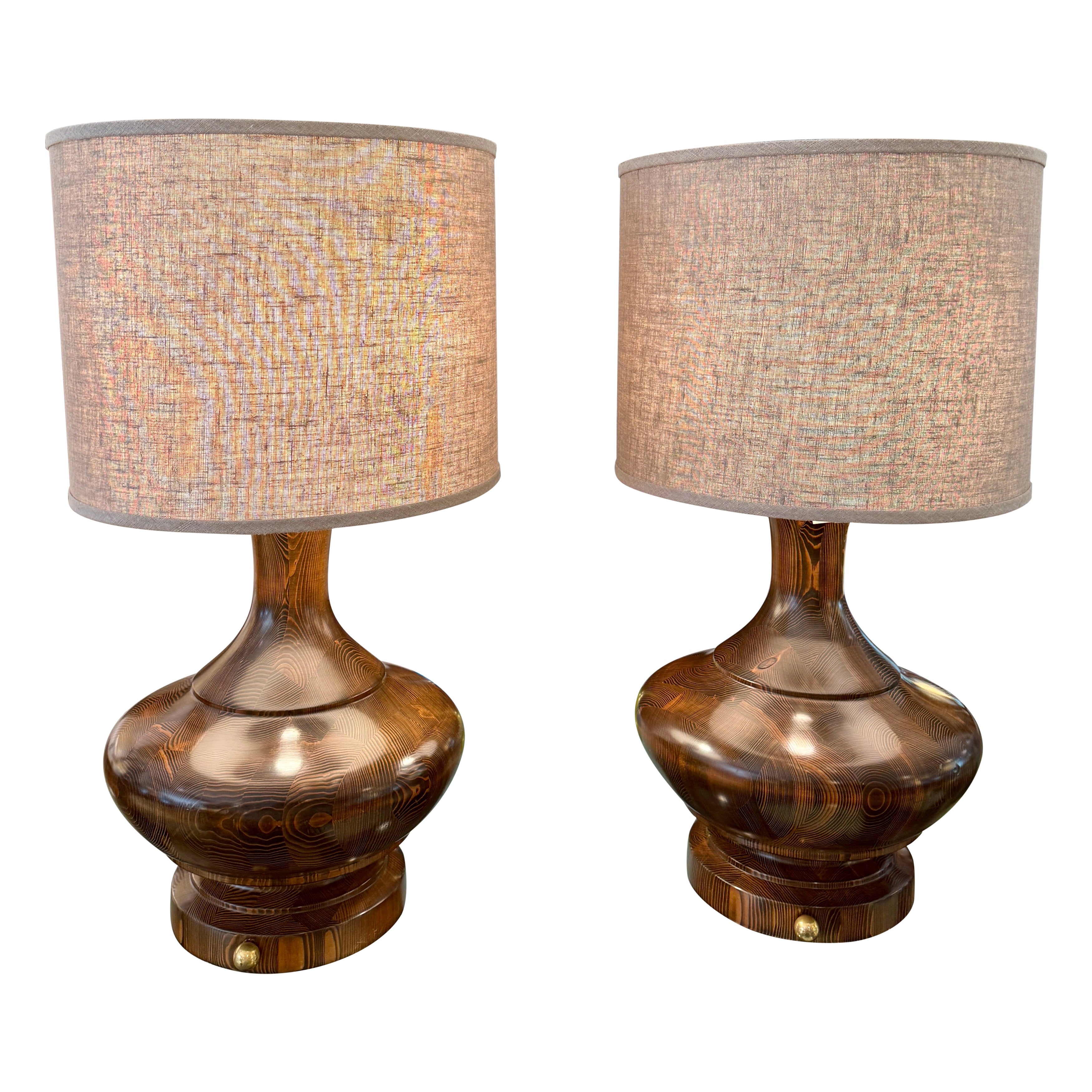 Pair of Turned Wood Oversized Table Lamps For Sale