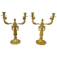 Pair of Antique French Empire Style Gold Bronze Candelabra, Circa 1880.