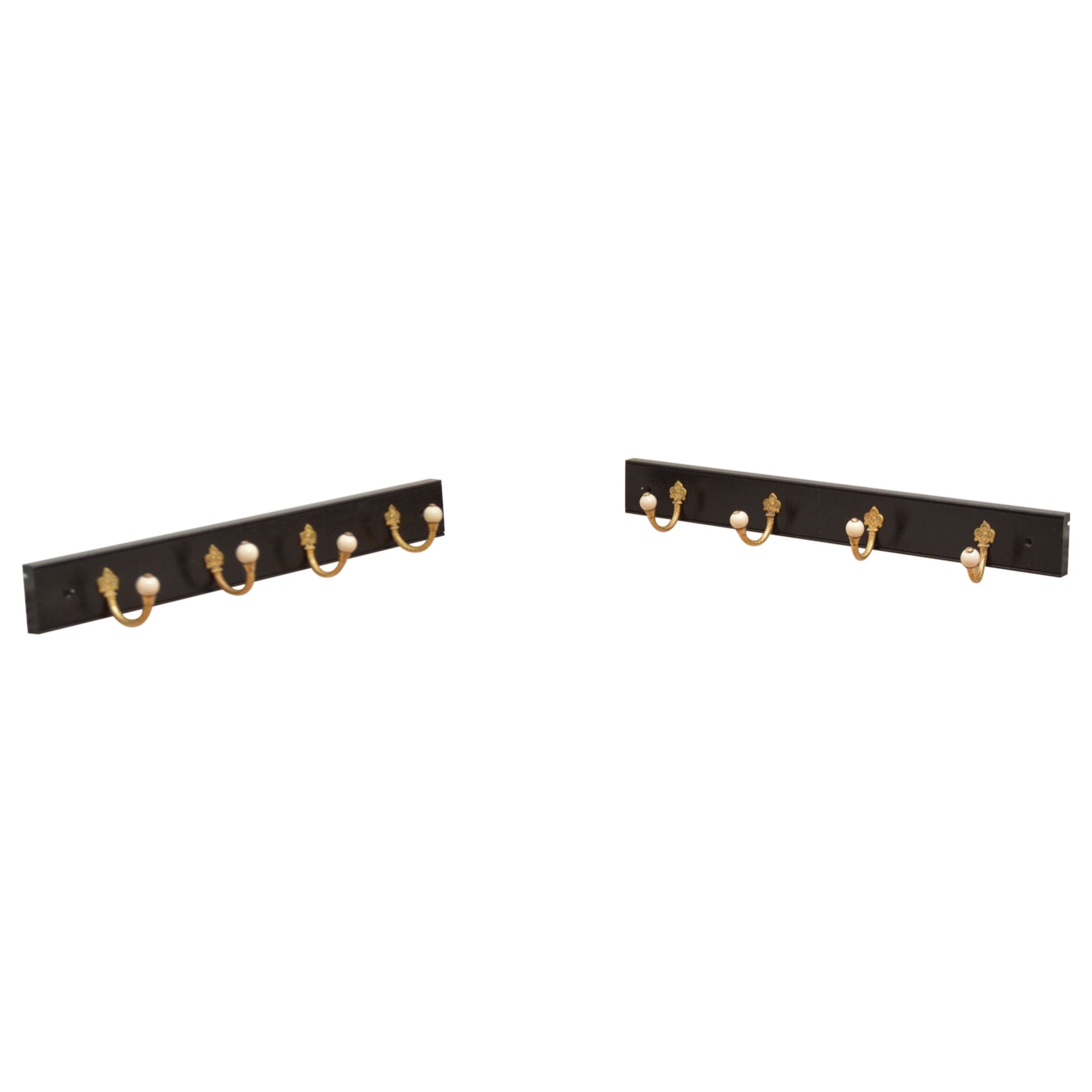 Pair Of Ebonised Brass And Ceramic Coat Rack Coat Hooks For Sale