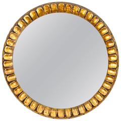Spanish 1960s Carved Gold Leaf Giltwood Circular Mirror
