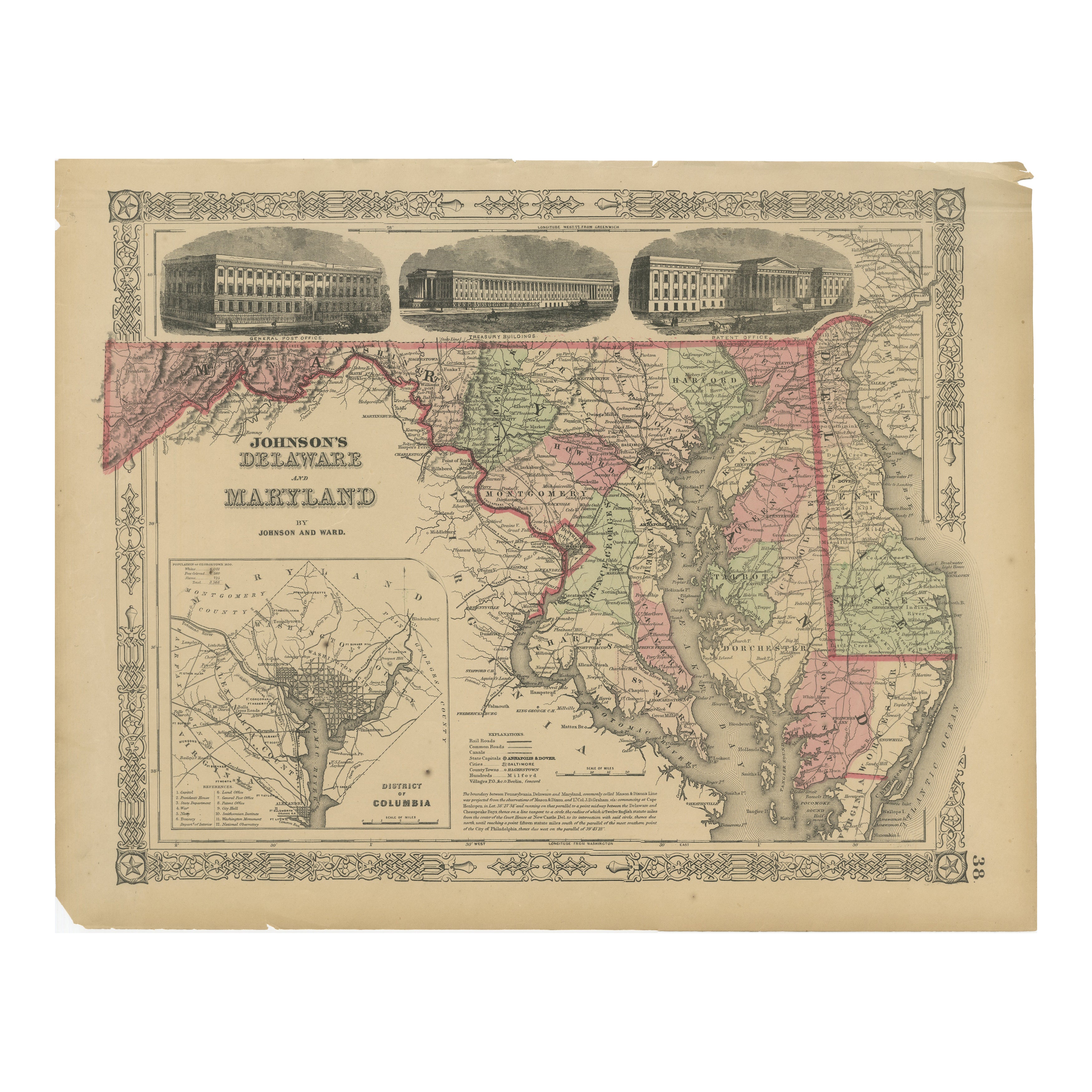 Mapa de Delaware y Maryland - Johnson, coloreado a mano con inserciones, 1864