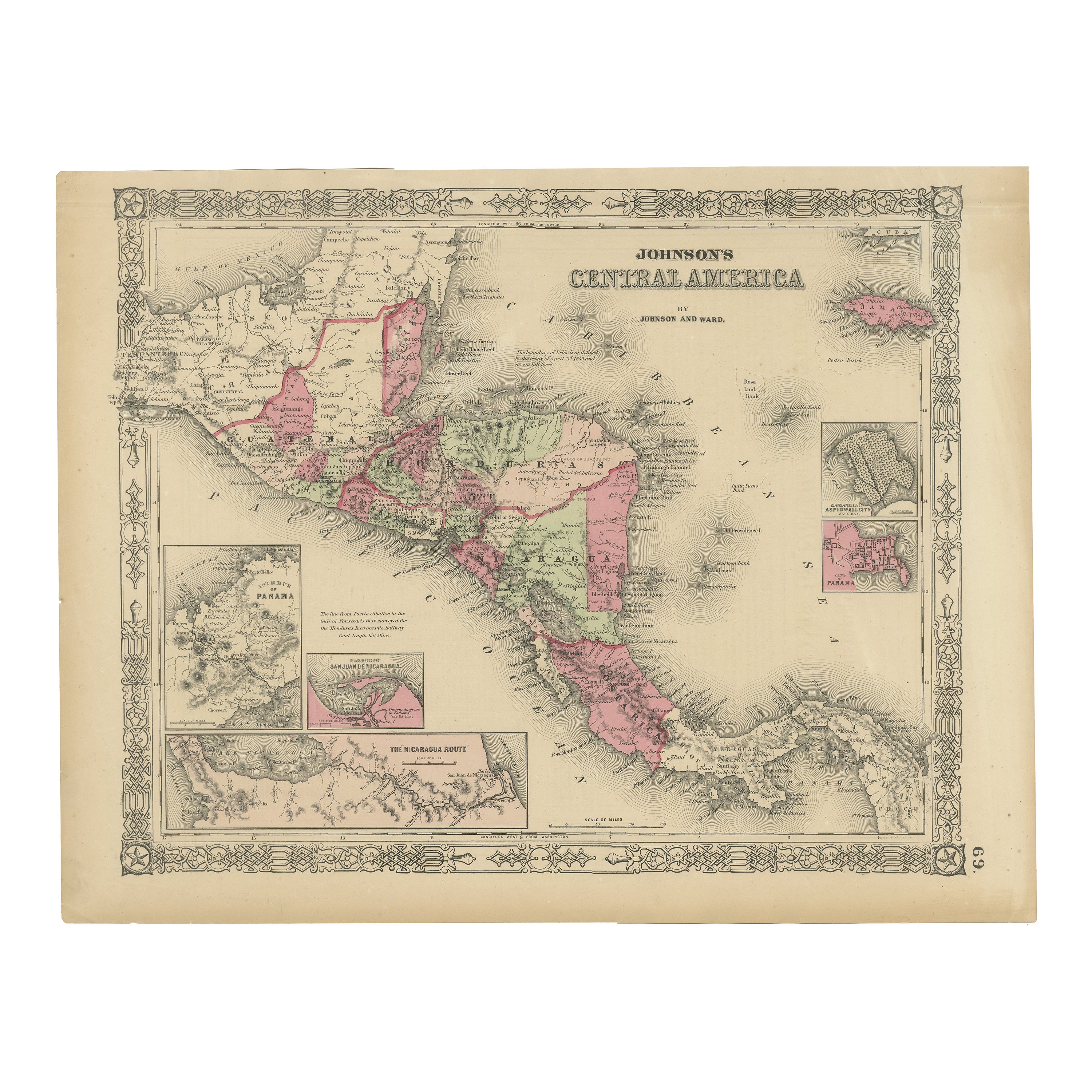 Carte de l'Amérique centrale - Johnson, coloriée à la main avec inserts, c.1864