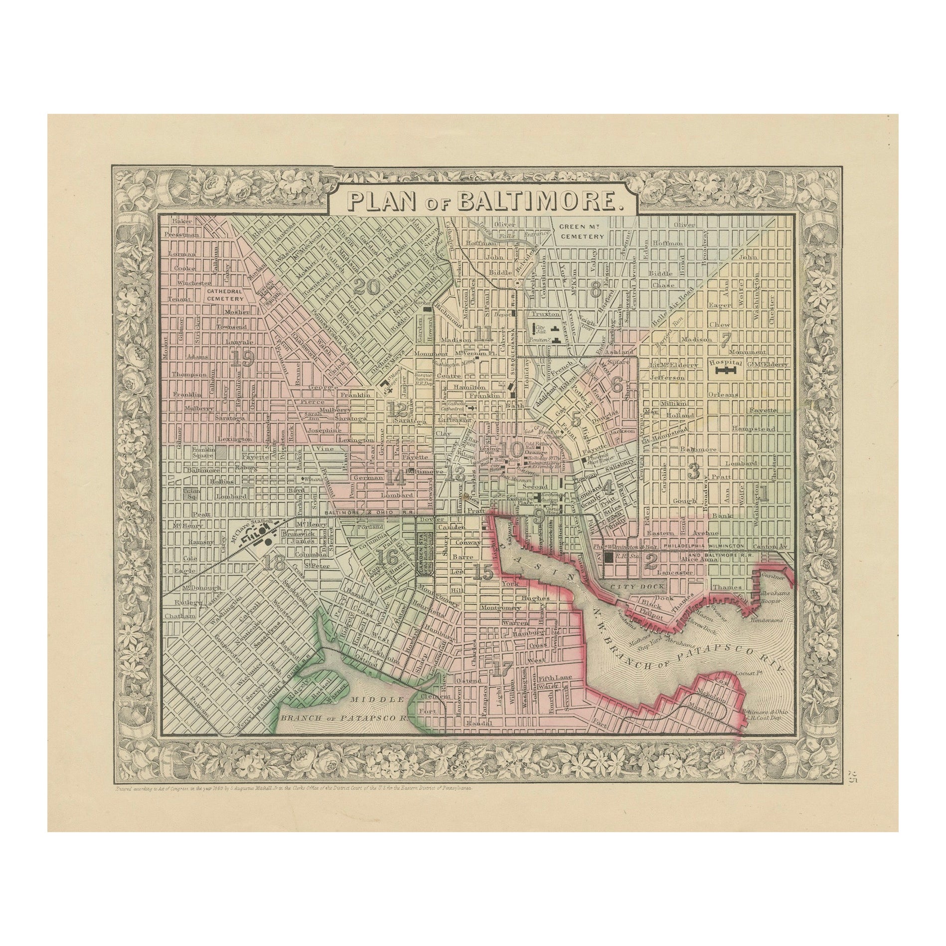 Plan de la ville de Baltimore, A.I.C C., USA c.1870 - Plan des rues colorié à la main
