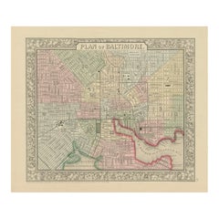 Plan de la ville de Baltimore, A.I.C C., USA c.1870 - Plan des rues colorié à la main