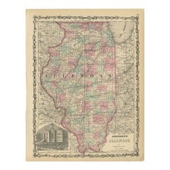 Antique Johnson’s Illinois Map, USA c.1864 – Hand-Colored with Chicago Courthouse View
