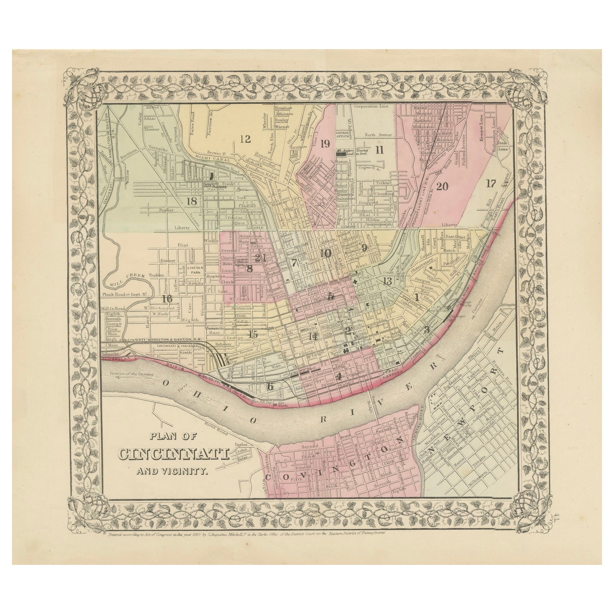 Plan de Cincinnati, A.I.C. c.1870 - Plan des rues avec quartiers, colorié à la main en vente