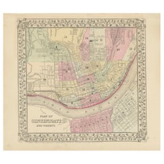 Plan de Cincinnati, A.I.C. c.1870 - Plan des rues avec quartiers, colorié à la main
