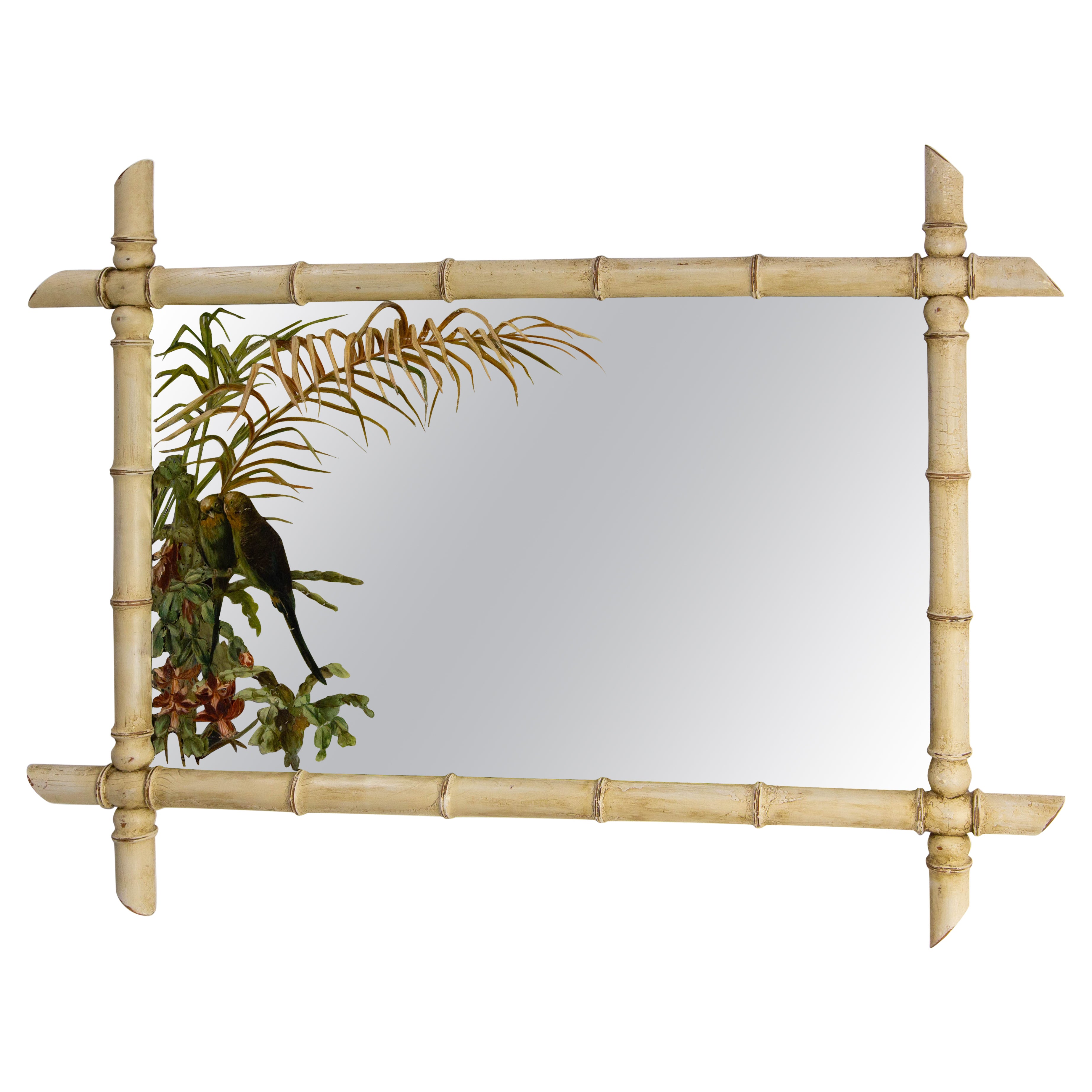 French Faux Bamboo Mirror Patinated & Painted Parakeets on Mirror, circa 1910 For Sale
