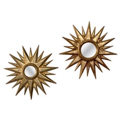 Late 20th Century Sunburst Carved Golden Mirrors, a Pair